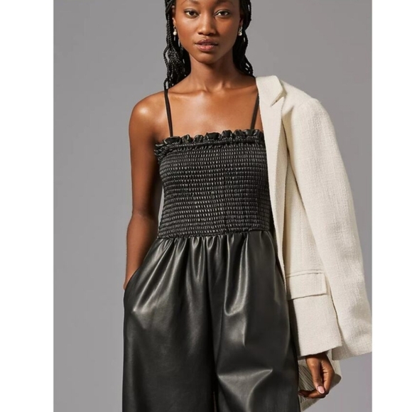 NWT Anthro Black Faux Leather Smocked Balloon Pant Jumpsuit M - Picture 8 of 13